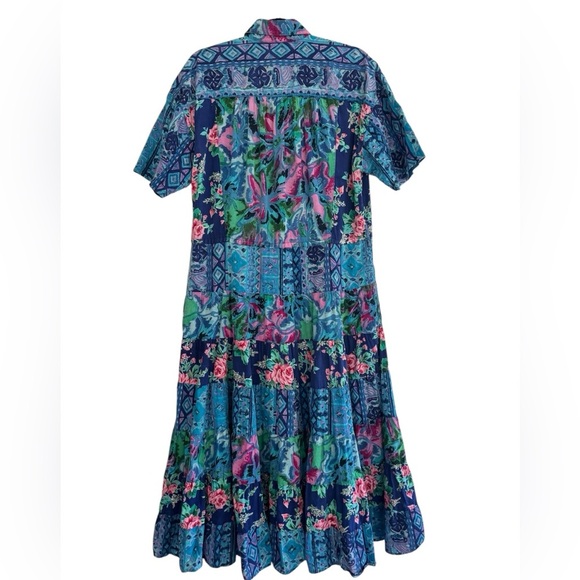 Vintage 80s/90s Together! Blue Floral Patchwork Rayon Maxi Shirt Dress Sz M - Picture 3 of 6